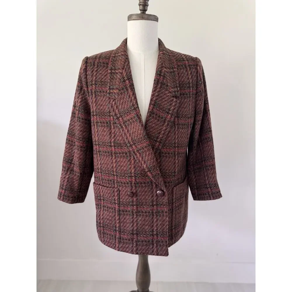 VTG Giorgio Sant’Angelo Plaid Tweed Wool Blazer Jacket Sz 14 Brown/Red Academia